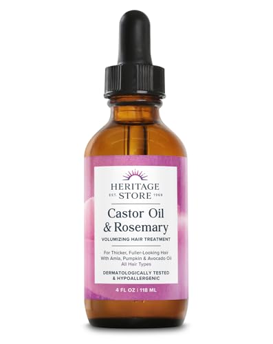 HERITAGE STORE Castor Oil & Rosemary Volumizing Hair Treatment for Fullness and Shine - with Organic Castor Oil Rosemary Avocado and Amla Hypoallergenic Vegan Cruelty Free 60-Day Guarantee 4oz