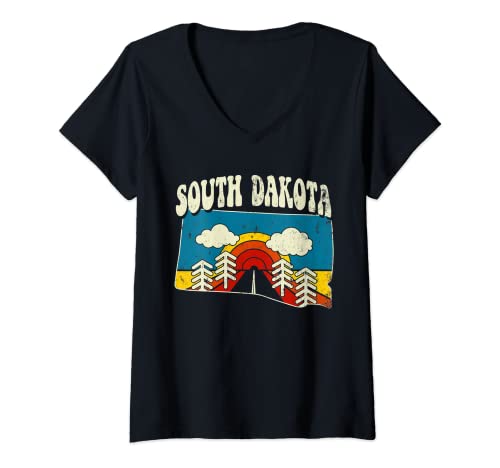 Mujer Dakota del Sur Vintage State Rainbow Hippie Retro 70s Mapa Camiseta Cuello V