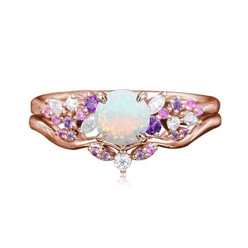 10K/14K/18K Solid Gold Gemstone Vintage Engagement Ring Set for Women 1CT Round Gemstone and Moissanite Amethyst CZ Vintage Promise Anniversary Ring Set for Her