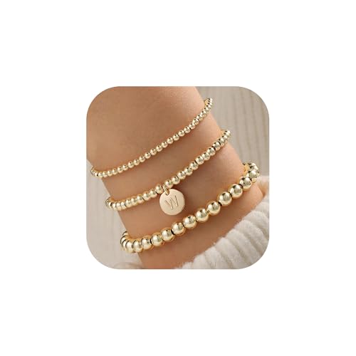 Turandoss Gold Bracelets for Women Gifts - Dainty 14K Gold Plated Stackable Beaded Bracelets for Women Trendy, Gold Beaded Stacking Monogram Bracelet, Gold Jewelry Gifts for Women