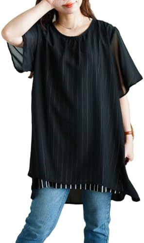 Gold Japan Women's Long Sleeve Tunic Striped Chiffon Faux Tunic Short Sleeve Striped