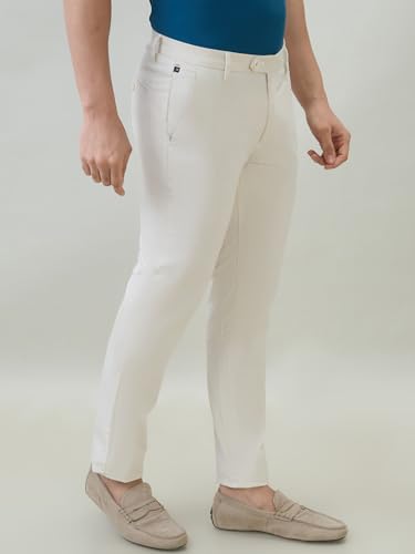Image of Raymond Men Slim Fit Solid Pattern Cotton Elastane Blend Flat Front Casual Trouser