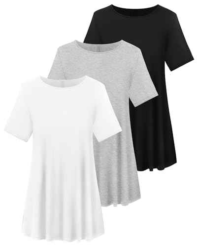 3 Pack Women's Plus Size Tunic Top Short Sleeve Cotton Long Shirts Summer Loose Fit Flowy Blouse Wear with Leggings2