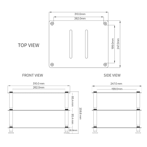 Estante de componentes de audio ventilado con pies que absorben los golpes y tres niveles 5