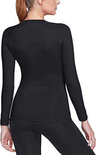 Tsla Women's Sports Compression Shirt, Cool Dry Fit Long Sleeve Workout Tops, Athletic Exercise Gym Yoga Shirts, Round Neck 3Pack Black/Black/Black, Medium #TOP1