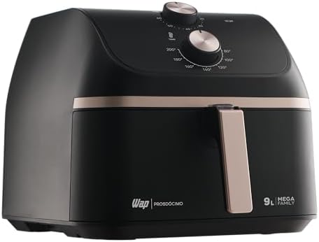 Fritadeira WAP Mega Family de 9 litros na cor preta com detalhes em rosé vista de frente