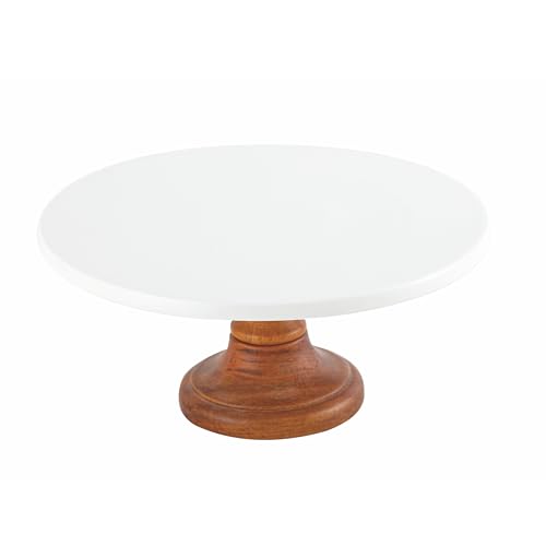 Shallow By Cuisine Art Acacia Wood Porcelain Cake Stand 26cm White & Brown