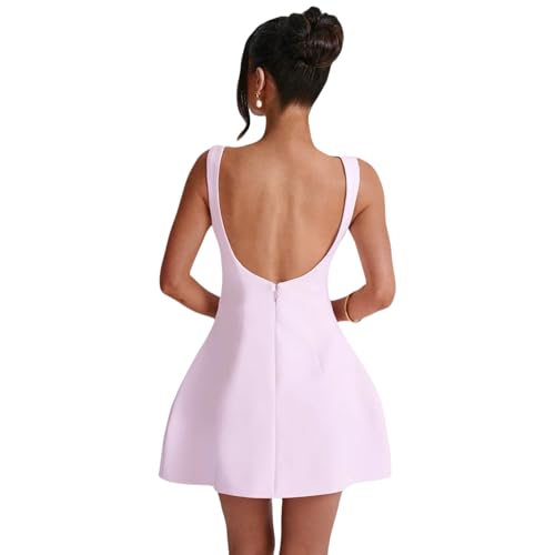 Image of JUMISEE Women's Sleeveless Formal Mini Dress Elegant Backless A Line Tank Dress Bodycon Short Dresses for Office Work Party Pink