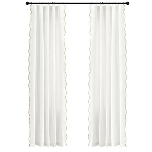 Image of Lush Decor Coastal Chic Scalloped Edge Light Filtering Window Curtain Panels Pair, 52 inch W x 84 inch L, Neutral & White - White Curtains for Living Room - Coastal Decor