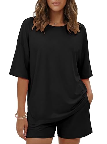 Image of Ekouaer Women's Two Piece Lounge Set Oversized Boxy T-shirt Casual Short Sets Summer Travel Matching Set 2026 Fashion