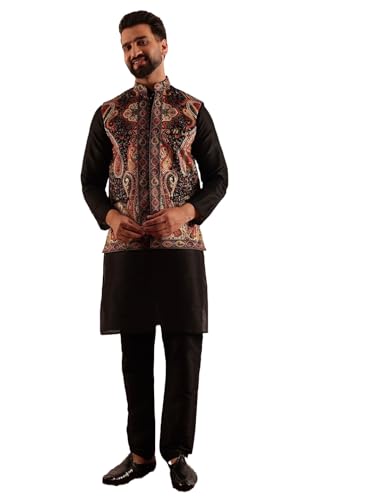 Image of SOJANYA Men's Silk Blend Black Kurta and Pyjama With Paisley Design Velvet Nehru Jacket