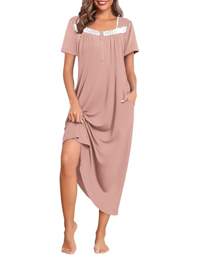 Image of Ekouaer Long Nightgowns for Women Soft Ladies Sleepwear Gowns Short Sleeve Nightdress Button House Dress with Pockets