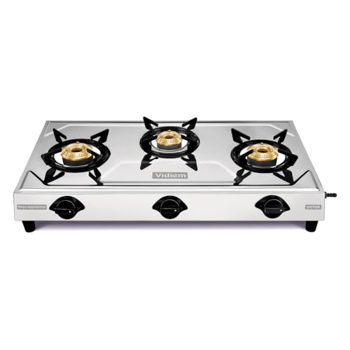 Image of Vidiem Victor Stainless Steel Gas Stove 3 Burner| Brass Burners | Mirror Finish | Large Cooking Space | Anti-Rust | High Efficiency | ISI Certified | 5 Year Warranty