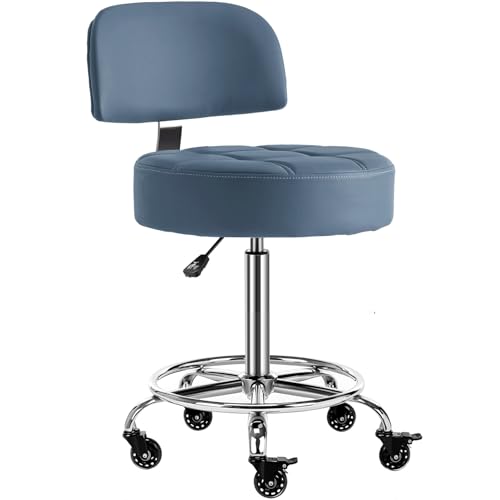 Image of Lockable Stool with Back and Foot Rest Ergonomic Rolling Hydraulic Adjustable Stool for Doctor Esthetician Artist Home Small Office Desk (Blue, 24''-31'')
