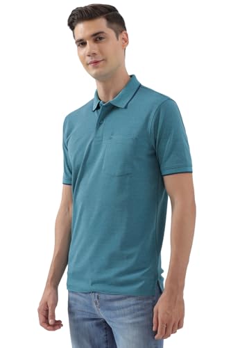 Image of Peter England Men's Premium Regular Fit Half Sleeve Polo T-Shirt with Pocket | Cotton Rich | Birds Eye Interlock Weave
