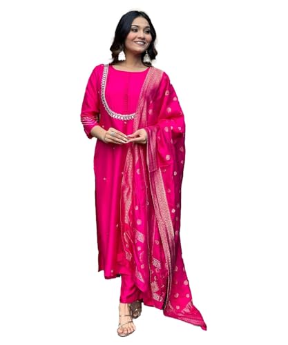 Womens Kurta Set Silk Blend Jacquard Khatali Work Stright Kurta and Pant with Dupatta Set