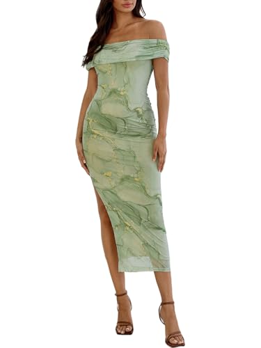 Image of Floerns Women's Floral Print Off Shoulder Short Sleeve Ruched Bodycon Long Dress