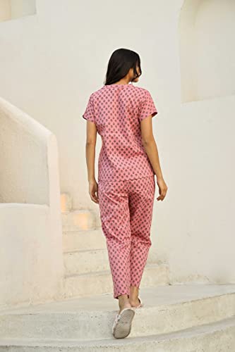 Image of SANSKRUTIHOMES Women's Premium 100% Cotton Printed Co-Ord Set | Short Sleeve Shirt & Pant Set | Pink Checkered Sun & Palm Tree Print | Casual Summer Resortwear, Vacation Wear & Comfortable Loungewear