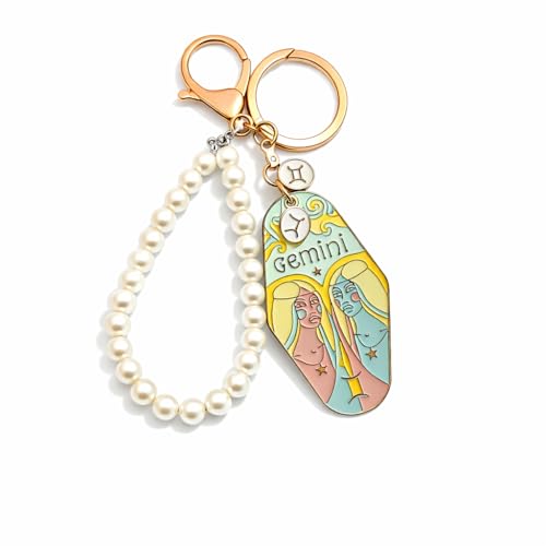 Orisylumen Women Zodiac Sign Keychain Car Key Chain Cute Pearl Bag Charm Purse Accessories Birthday Gift for Girl Friend Gemini Gifts