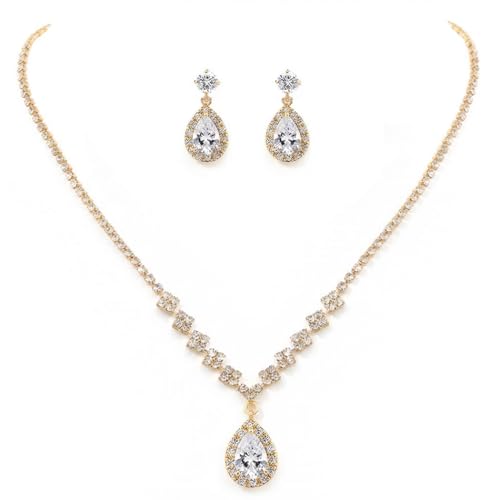 Unicra Rhinestone Necklace Earrings Set Gold Bridal Wedding Jewelry Sets Prom Bridesmaids Costume Jewelry Set for Women and Brides (Gold)