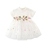 PATPAT Baby Girls Dress White Ribbed Short Sleeve Splicing Floral Embroidered Tutu Dress Party Birthday Princess Dresses White 18-24 Months