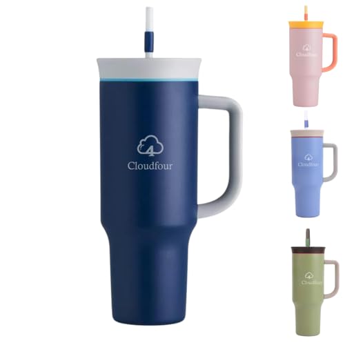 CLOUDFOUR Insulated Water Bottle Tumbler 40oz Stainless Steel Leak-proof Sports Bottle Thermos Travel Mug with Straw & Carry Handle Vacuum Flask for Home Office School Gym Car (Blue)
