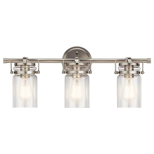 Image of Kichler Brinley 24 inch Vanity Light in Brushed Nickel, 3-Light Farmhouse Bathroom Vanity Light with Clear Glass, (24 inch W x 10 inch H), 45689NI
