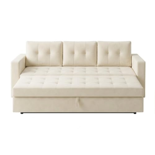 Image of FURNY Tressa 3 Seater Fabric Pull-Out Sofa Cum Bed Function (Cream) | Luxury Velvet Suede Finish | Durable Comfort Sofa Bed for Modern Living Room & Office Spaces