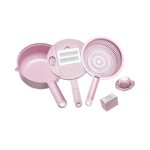 HOLIDYOYO 小麦わら素材の多機能野菜カッター 手動チョッパー スライサー グレーター 指保護ガード付 北欧ピンク調キッチンツール