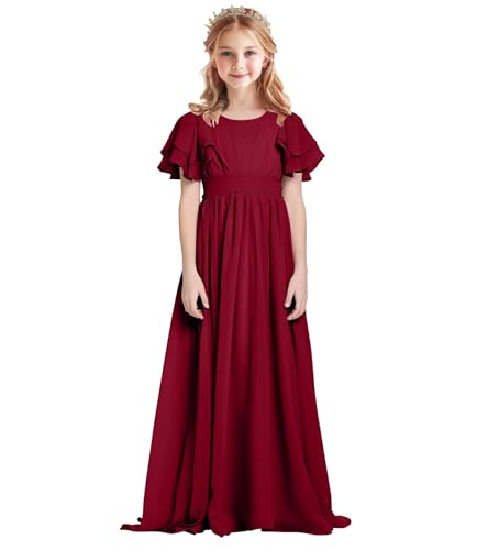 Junior Bridesmaid Dress Chiffon Flower Girl Dress Ruffle Fancy Dresses for Girls Long Formal Dresses Girls Maxi Dress Burgundy Size 12