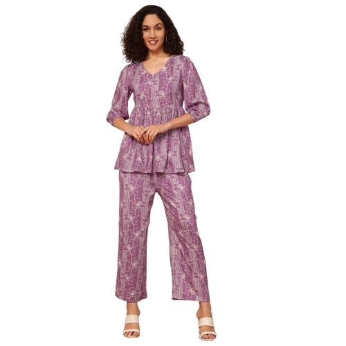 Image of DEEBACO Women's Rayon Peplum Top & Straight Pants Co-Ord Set for Women|Flared Tunic V-Neck & 3 /4 Puff Sleeve Ladies Party Casual Wear Fashionable for Girls Relaxed Fit Cord Set