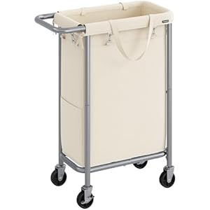 SONGMICS Laundry Basket with Wheels, Rolling Laundry Hamper, 23.8 Gallons (90 L), Removable Liner, Steel Frame with Handle, 24 x 11.4 x 31.9 Inches, Cream White URLS003W01 Cream White 90 L (