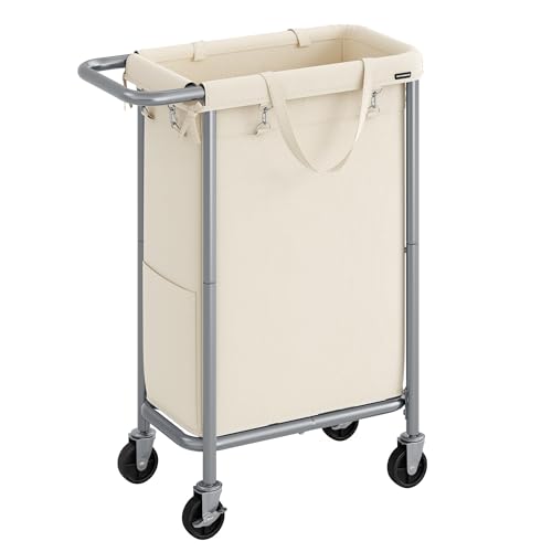 SONGMICS Laundry Basket with Wheels, Rolling Laundry Hamper, 23.8 Gallons (90 L), Removable Liner, Steel Frame with Handle, 24 x 11.4 x 31.9 Inches, Cream White URLS003W01