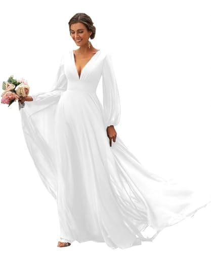 Women's Long Sleeves Bridesmaid Dresses V-Neck Chiffon A Line Formal Dress Evening Gowns with Train
