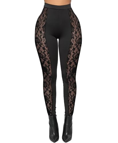 Atyfuniby Black Leggings for Women Sexy - High Waist See Through Tights Lace Splice Long Skinny Pants Clubwear M