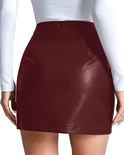 Image of MANGOPOP Women's Basic High Waist Faux Leather Bodycon Mini Pencil Skirt (Wine Red-1, XX-Large)
