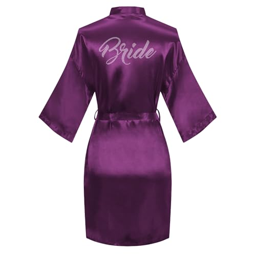 Image of Women's Bride Bridesmaid Robes Short Satin One Size Silver Rhinestones Wedding Party Getting Ready Sleepwear