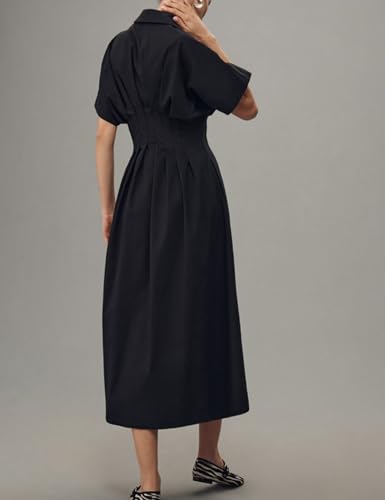Image of Yeokou Shirt Dress for Women Summer Casual Short Sleeve Button Down Loose Pleated Maxi Sundress with Pockets