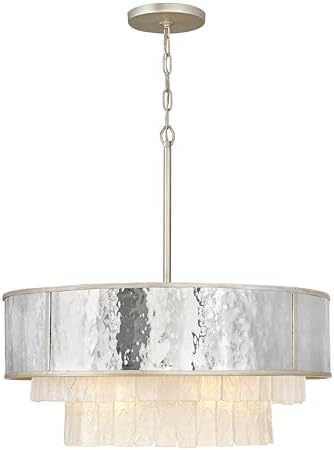 Fredrick Ramond Reverie Medium Drum Chandelier - Transitional, 8-Light, Glam - Champagne Gold with Hammered Stainless Steel & Textured Crystal Accents