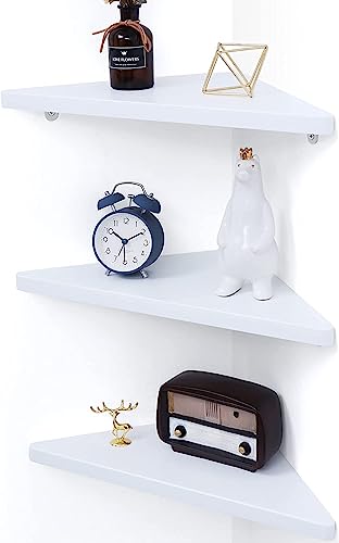 Image of OrganizeMee Corner Shelf for Wall Set of 2, Wall Mounted Metal Corner Shelves for Living Room, Bedroom & Bathroom, Waterproof Powder Coated Alloy Steel Floating Display Shelf, White, 43 x 20 cm