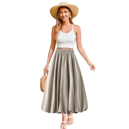 Women's Bubble Long Skirt, Elastic Waist A-Line Long Pleated Puffy Hem Y2k Casual Summer Skirts2