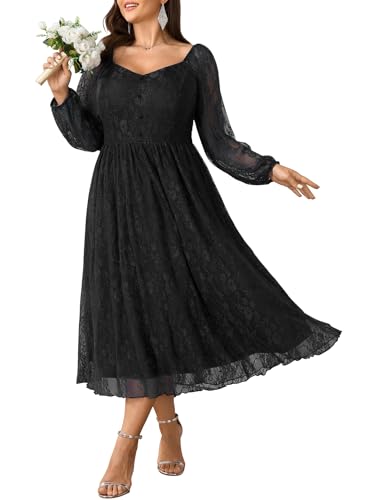 SCOMCHIC Womens Plus Size Wedding Guest Dress Long Sleeve Formal Lace Cocktail Party Maxi Dresses Black