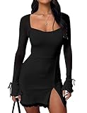 Kaximil Women's Sexy Bodycon Mesh Long Sleeve Square Neck Slit Party Short Mini Dress, Medium, Black