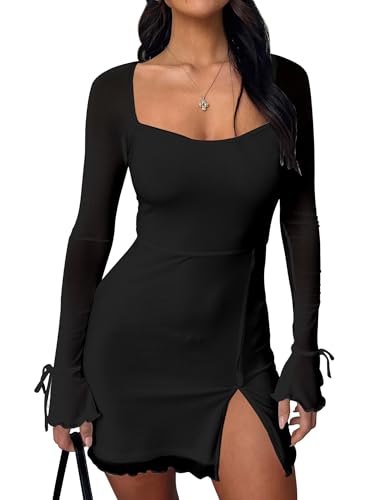 Kaximil Women's Sexy Bodycon Mesh Long Sleeve Square Neck Slit Party Short Mini Dress