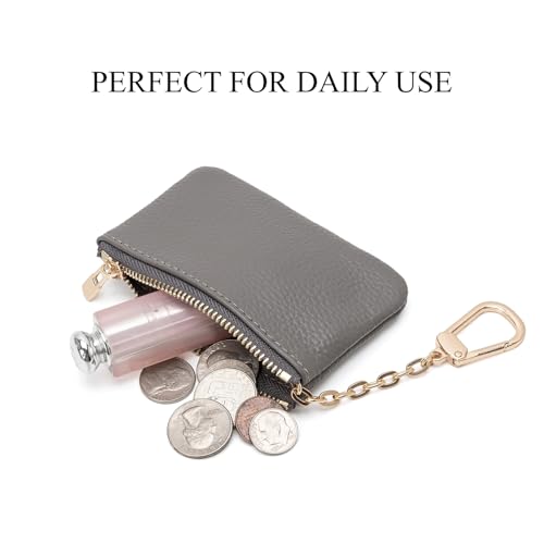Image of Full Grain Leather Coin Purse with Key Chain - Small Change Purse Keychain Card Holder Keychain Pouch Small Keychain Wallet for Women and Men (Gray)
