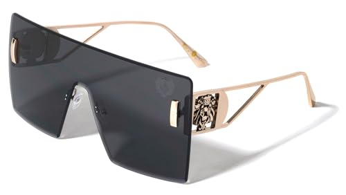Dweebzilla Oversized Shield Rimless One Piece Lens Metallic Lion Head Medallion Luxury Sunglasses
