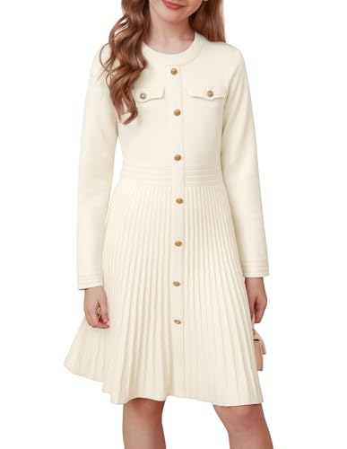 GRACE KARIN Girls Sweater Fall Dress Long Sleeve Knit Pleated A-Line Winter Easter Casual Midi Dresses White Christmas Holiday Kids Clothes Ourfits Size 8-10