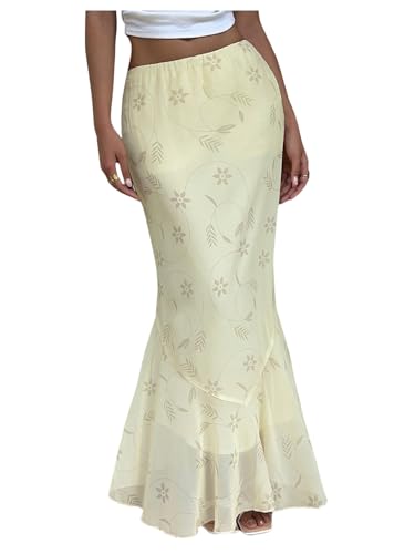 MakeMeChic Women's Summer Mesh Floral Skirt Low Waist Ruffle Fishtail Maxi Skirts