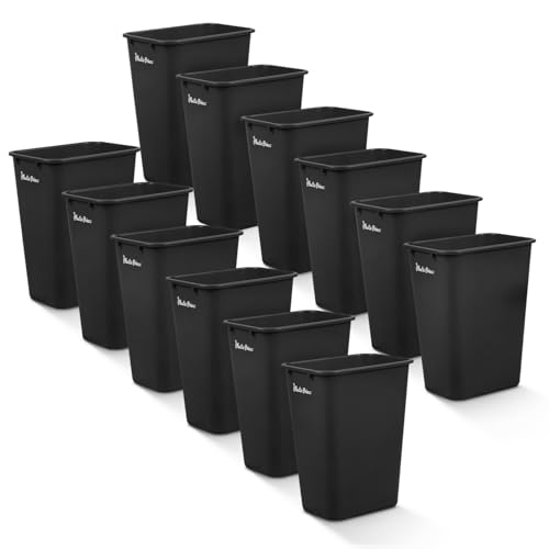 Image of PLASTIC PRINCE 10 Gallon Trash Can Black Waste Basket for Kitchen Bathroom Office 40 Qt Garbage Bin Fits Under Desk Cabinet Sink, High Plastic Waste Basket 19.9 inch H x 15.7 inch W x 11.3 inch D, Pack of 12