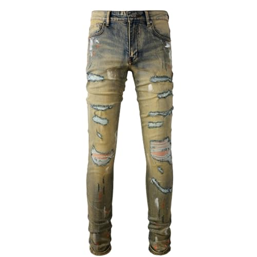 Jeans Pants Trousers Denim Men Street Trendy Ripped Spray Paint Dot Retro Personalized Elastic Slimming Broken Hole Casual Small Foot(Blue,31)